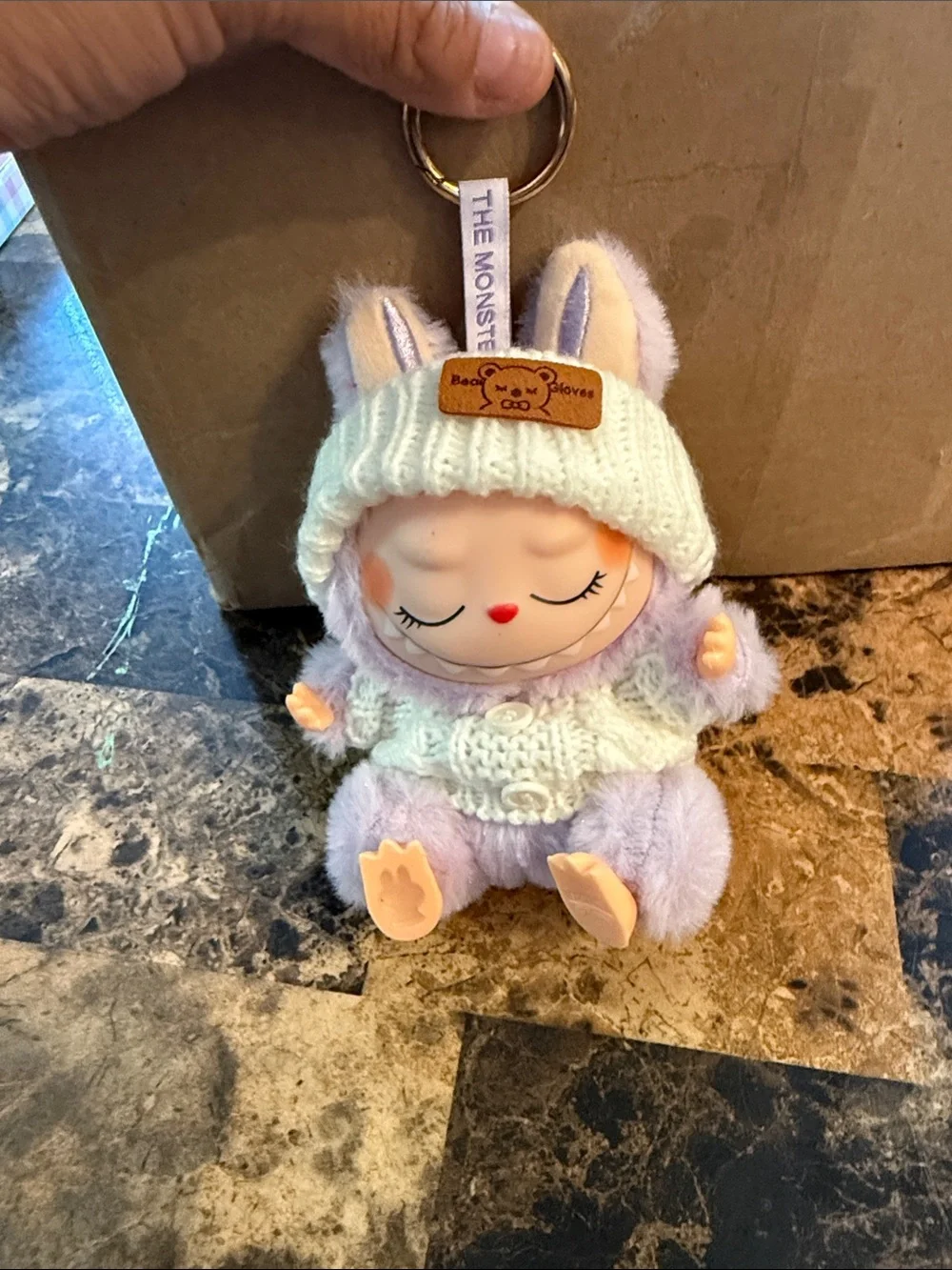 Lavender Bunny Plush Keychain with Cream Knit Hat